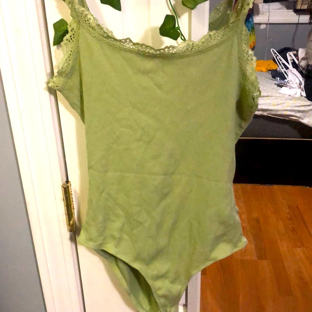 cute light sage green tank top body suit with lace.